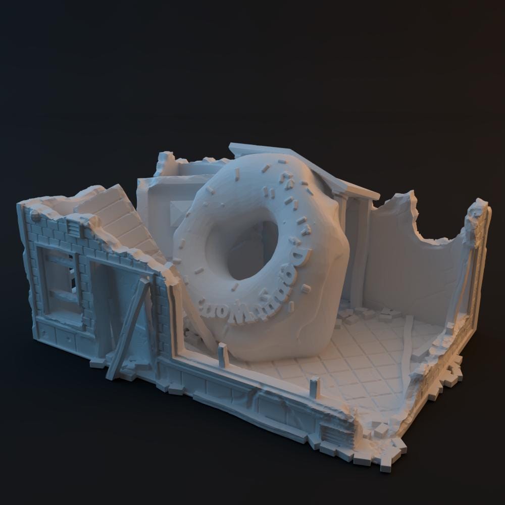 Ruined Urban Donut Shop - 3D Printed Wargaming Terrain, Corvus Games Terrain, MCP, Infinity